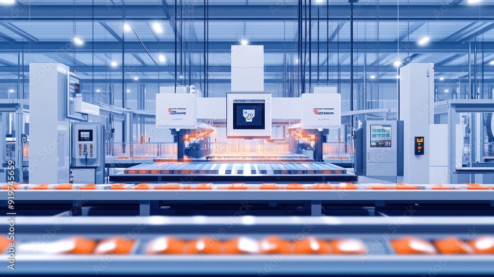 Poster Automated Manufacturing Line with a Robotic Arm in a Factory Setting