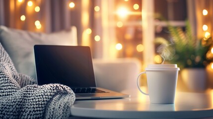 a laptop computer sitting on table with cup of coffee