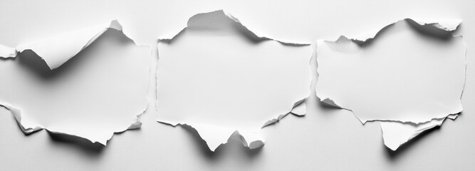 Three Torn White Paper Pieces with Irregular Edges on a White Background