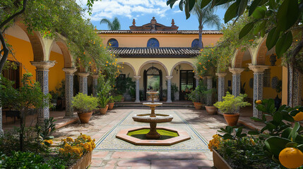 13. Spanish hacienda with arched doorways, vibrant tilework, a central courtyard garden with a fountain, and citrus trees