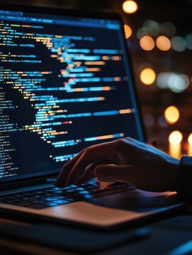 Programmer coding code lines at work with hands at laptop programming at night working with computer sscreen