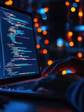 Programmer coding code lines at work with hands at laptop programming at night working with computer sscreen
