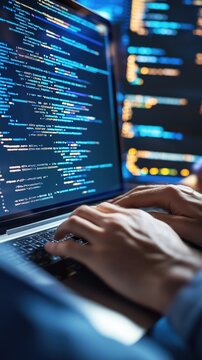 Programmer coding code lines at work with hands at laptop programming at night working with computer screen
