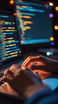 Programmer coding code lines at work with hands at laptop programming at night working with computer sscreen