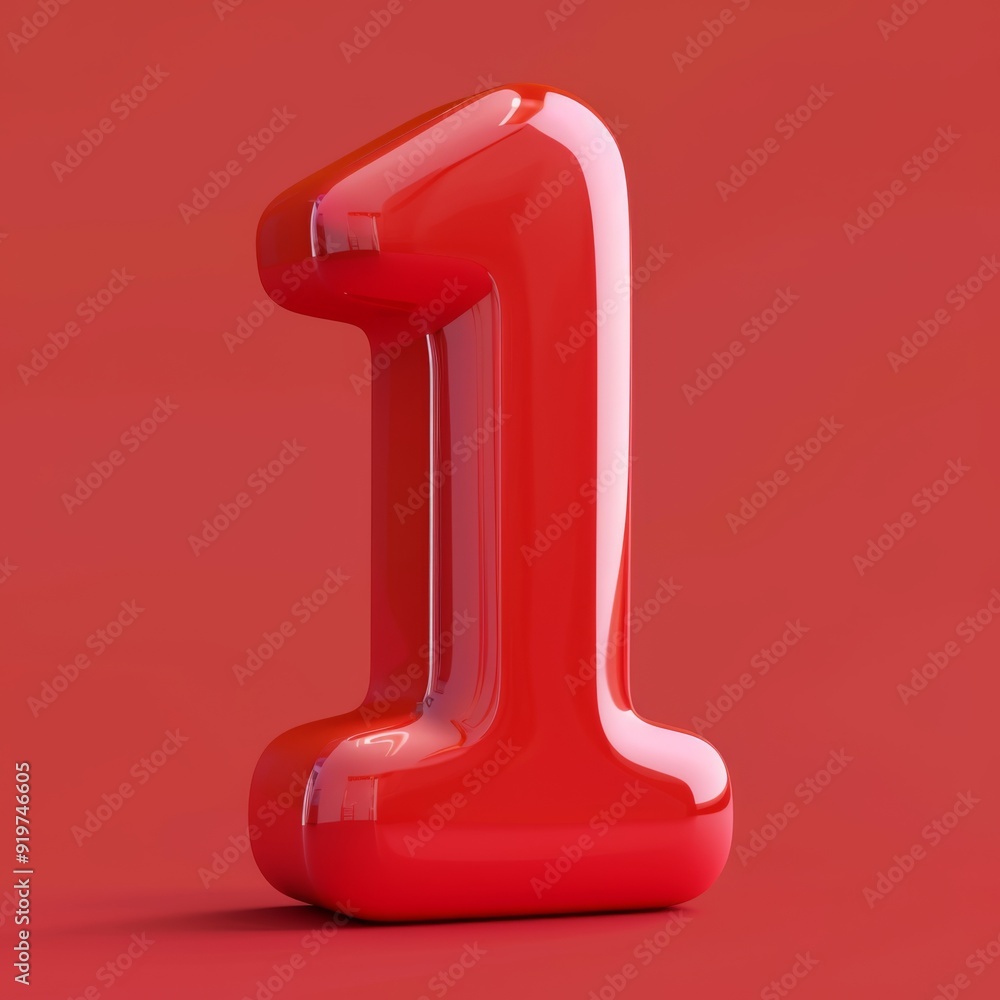 Poster a stunning and vibrant 3d rendering of the number one depicted in a glossy shade of red, making it a