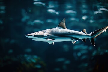 Naklejka premium Majestic shark swims in deep blue ocean. Expressing calm and movement in underwater world. Perfect for ocean themed projects. Vivid colors and clear details. Generative AI