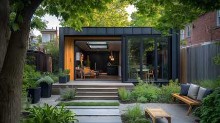 25. Contemporary urban house with a small rooftop garden, container plants, and a cozy seating area