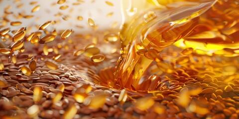 flax seeds, which are poured in oil: the seeds float at the top and flow smoothly to the amber-colored liquid at the bottom