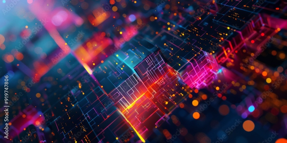 Poster abstract illustration of geometric shapes and structures in colorful neon colors and lights in cyber