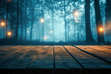 Product Showcase for Halloween, Mystical Woodland Setup, Foggy Forest with Warm Lights, Online Retail Advertisement, Seasonal E-commerce Visual