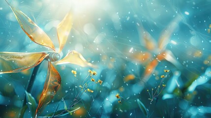 Abstract fantasy art featuring glowing, iridescent flowers in a turquoise background.