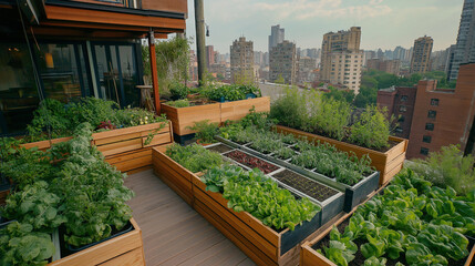 36. Urban loft with a rooftop garden, urban farming boxes, and modern patio furniture