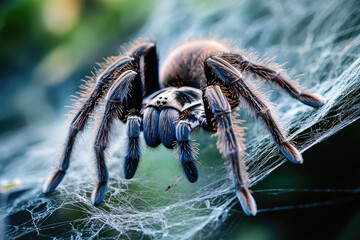 An Intricate Dance of Nature: A Close-Up of a Majestic Tarantula Perfectly Perched on Its Web, Captivating and Stunning!