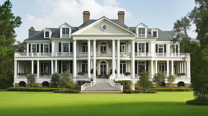 47. Southern plantation house with magnolia trees, a grand lawn, and a wrap-around porch