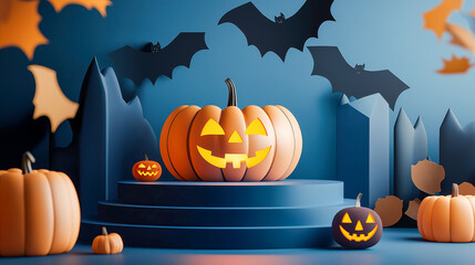 Halloween product showcase with glowing jack-o'-lanterns and bats on a vibrant blue background. Perfect for festive promotions