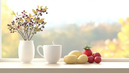 A cozy autumn morning scene with fresh fruits, a white mug, and a decorative vase on a sunlit windowsill, embracing the essence of fall.