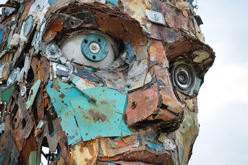 Fototapeta premium A Visually Striking Sculpture Made from Recycled Materials Showcasing the Human Face with Depth and Impressive Detail.