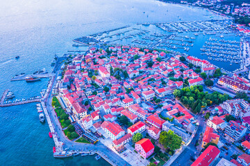 Evening view of beautiful coastal town Biograd, aerial cityscape.