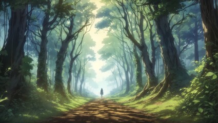 Fototapeta premium A woman walks in the forest, a gloomy forest path.