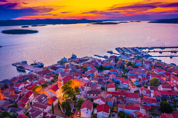 sunset over the city Biograd with archipelago in backgorund, Croatia, Mediterranean