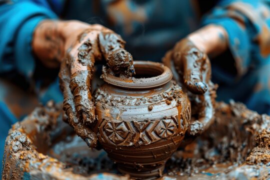 A potter's skillful hands shape a vase on a spinning wheel, showcasing the messy yet beautiful process of crafting pottery from raw, wet clay.