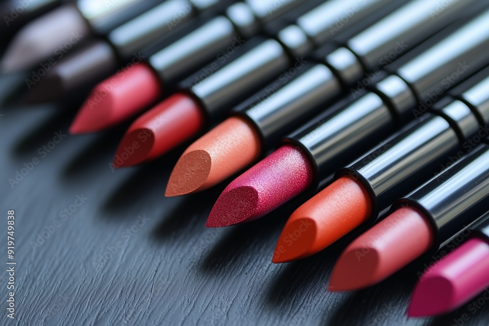 Poster a vibrant collection of lipsticks displayed in a row showcasing various shades and textures for make