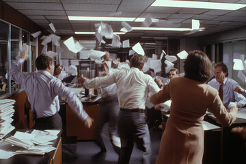 Naklejka premium Tensions Rise as Colleagues Engage in Heated Argument in an Office, Creating an Atmosphere of Confusion and Disarray.