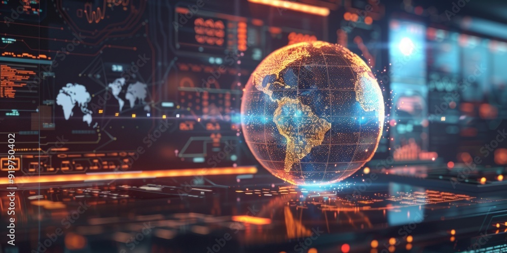 Poster conceptual illustration of a globular earth made up of light dots on a dark background. 3d sci-fi in