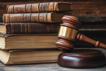 A wooden gavel rests on leather-bound law books, symbolizing justice and the weight of legal knowledge in a timeless setting.
