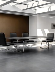 A sleek, modern conference table in a minimalist museum interior featuring a black and white color scheme