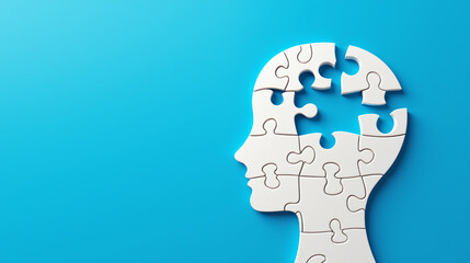 Head as a puzzle with missing puzzle pieces on blue background