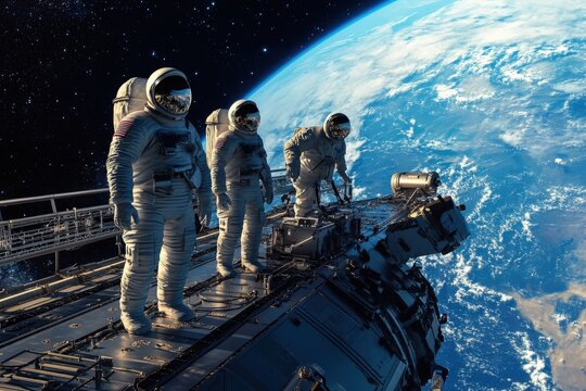 Three astronauts in spacesuits working outside a space station with the Earth’s curvature and clouds in the background, depicting a spacewalk and teamwork in outer space.