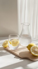 A minimalist arrangement of lemon water with a glass and pitcher on a sunlit table