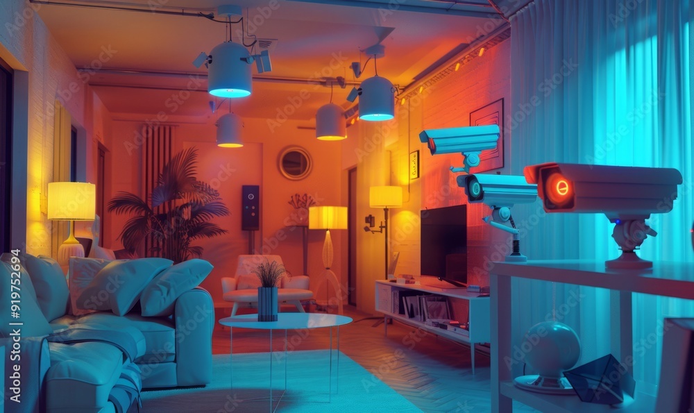 Poster futuristic home security system with multiple cameras and sensors