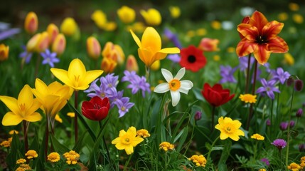 Colorful spring flowers blooming together