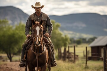 Rugged cowboy riding a horse on a ranch, with a mountainous landscape in the background, embodying Western tradition