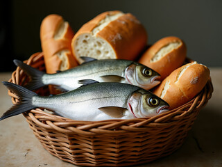 Jesus feeding the multitude thousands five loaves of bread and two fish	