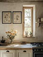 A mockup photo of three black picture frames (50x70 cm) above a kitchen countertop in a typical Mediterranean home in Italy