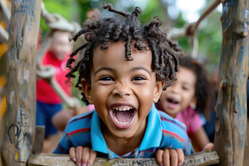 A joyful, close-up capture of a young child with dreadlocks, playing and smiling happily outdoors, radiating energy and the simple pleasures of childhood.