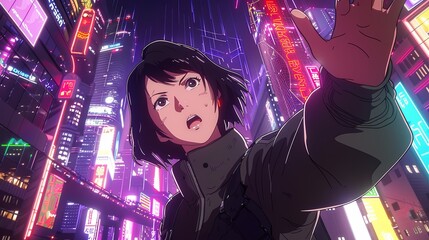 Naklejka premium Futuristic Anime Hero in Determined Pose Pointing Upwards with Cityscape Background