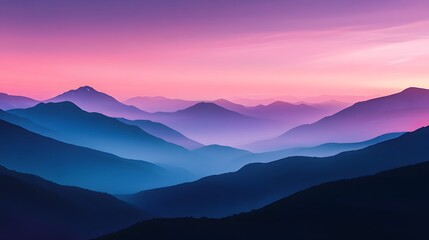 Obraz premium A digital art of mountains at dusk, with gradients from deep purple to pink and blue, capturing the serene beauty of nature's silhouette against the sky