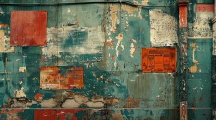 Abstract grunge background with red and teal colors, featuring peeling paint, chipped paint, and faded posters.  A textured, weathered surface.