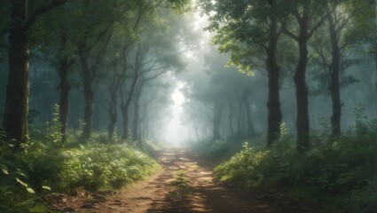 Fototapeta premium A woman walks in the forest, a gloomy forest path.