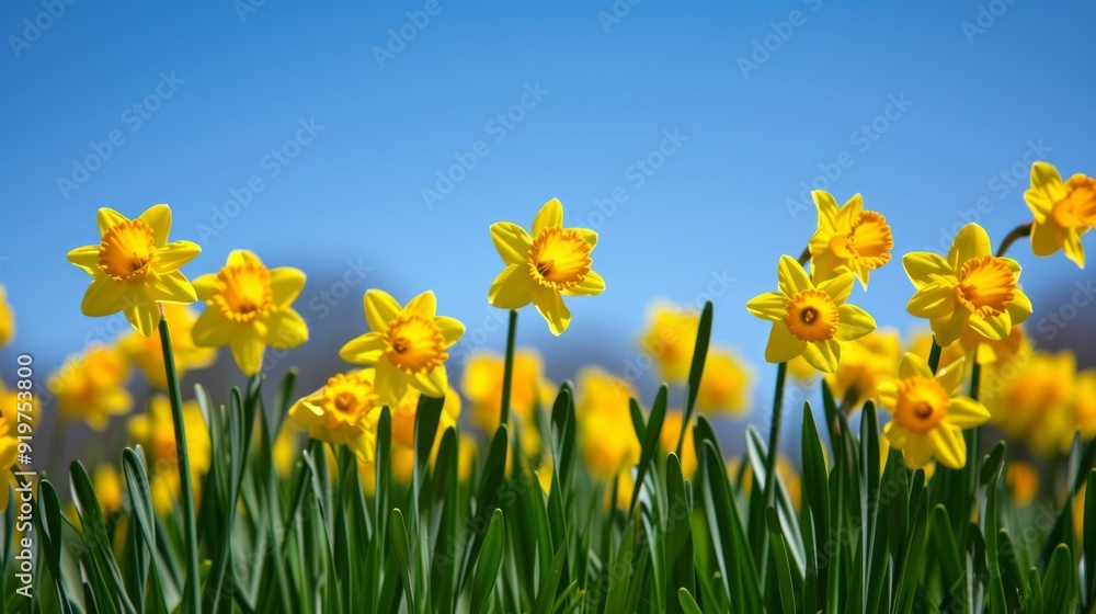 Wall mural Field of bright yellow daffodil flowers in full bloom, under a clear blue sky