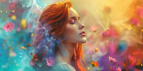 illustration of redhead woman standing against blurred background among colorful smoke and flowers and looking away