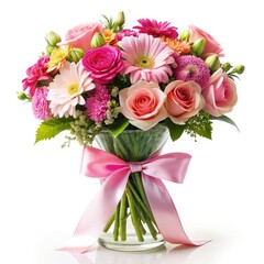 Colorful flower bouquet in a vase decorated with a pink ribbon bow. Generative AI