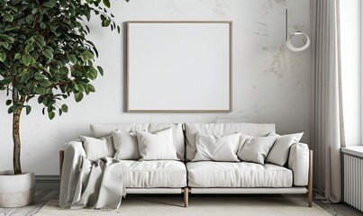 In this mockup of an interior poster, the vertical space has been blanked out and there is a sofa and a tree in a room with white walls