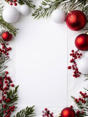 A white card with a red border sits on a snowy ground with red berries