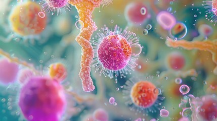 Abstract microscopic image with vibrant colorful cells and particles.  A perfect image for science, medicine, or technology themes.