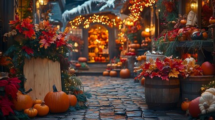 Fototapeta premium A professional-quality photograph showcasing sophisticated Halloween decorations, featuring pumpkins, cornucopias, and maple leaves in warm tones of red, yellow, and orange